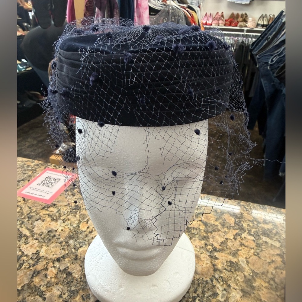 Vintage Coquettes Miss Eileen Navy Veil Hat Dotted Net Fascinator